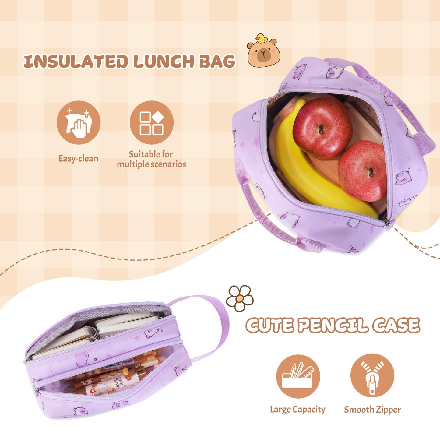 Similove Capybara Theme Backpack for School Girls, 35PCS Kids Backpack Set with School Supplies Stationery Kit Lunch Box Pencil Case, Cute Girls Bookbag for Kindergarten Elementary Student