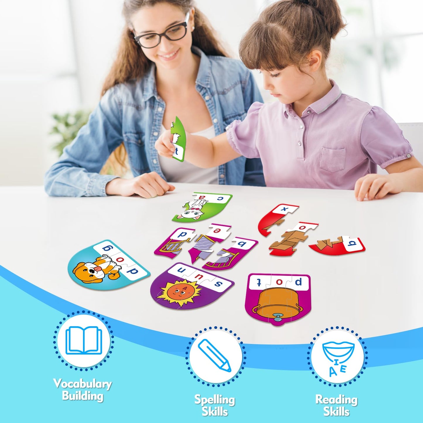 Kasfalci CVC Puzzle Cards for Kids - CVC Word & Phonics Games, Speech Therapy Toys for Toddlers - 3 Alphabet Letter Word Puzzles, Learning Spelling Games - Preschool Kindergarten Classroom Must Haves