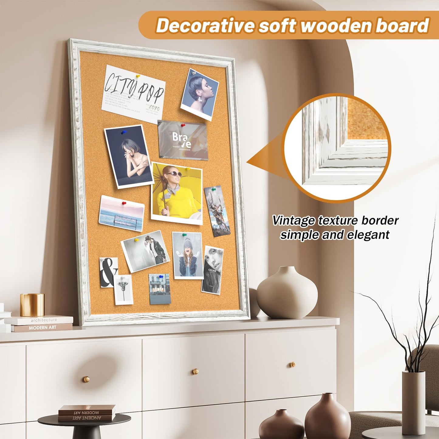 White Cork Board for Wall, 36 x 24 inches Decorative Bulletin Board, Rustic Wooden Frame Pin Board for Office, Dorm, Home Decor