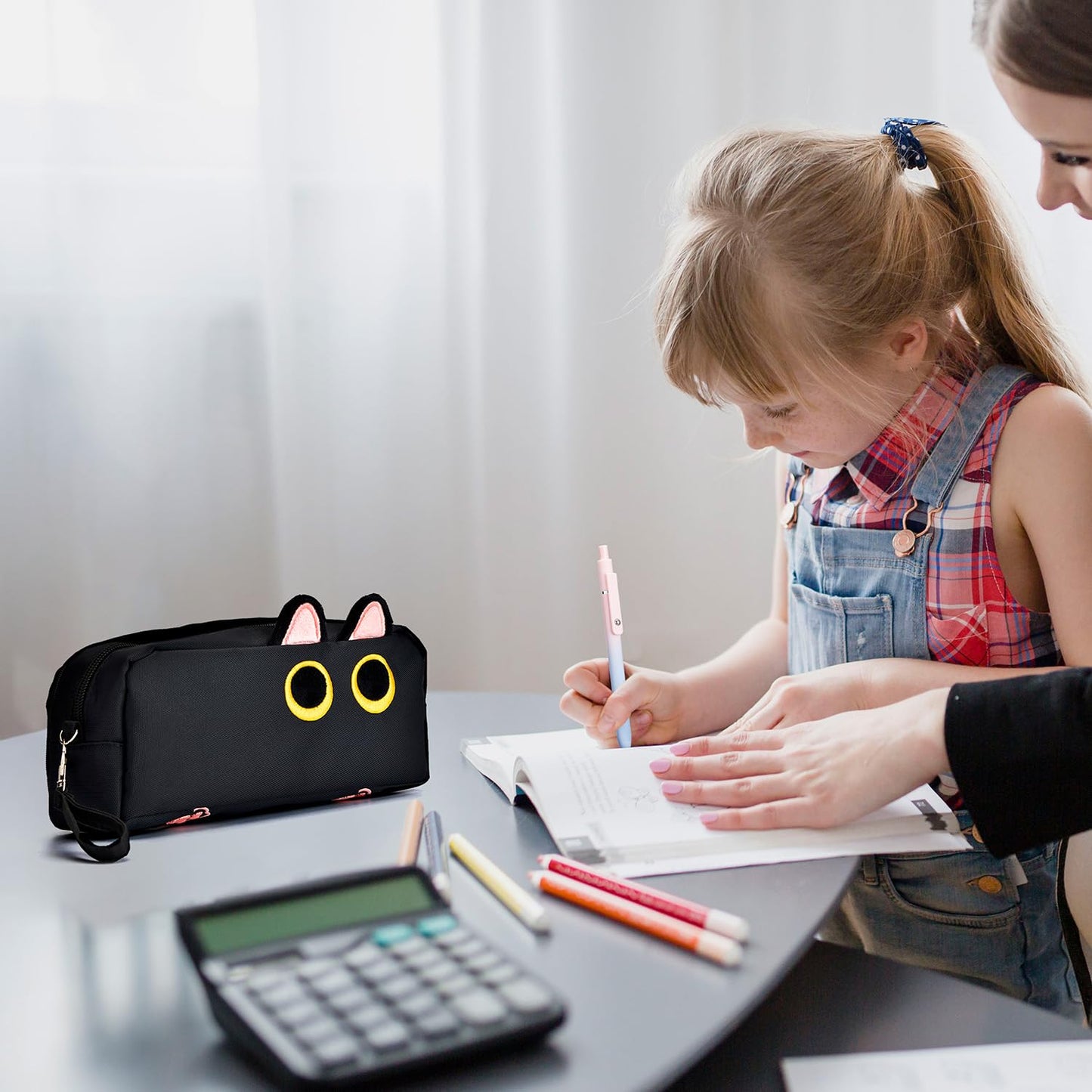Lanxivi Hongdian Large Capacity Pencil Case Black Color, 3D Cat Pen Bags Pencil Pouch Organizer for Office College School