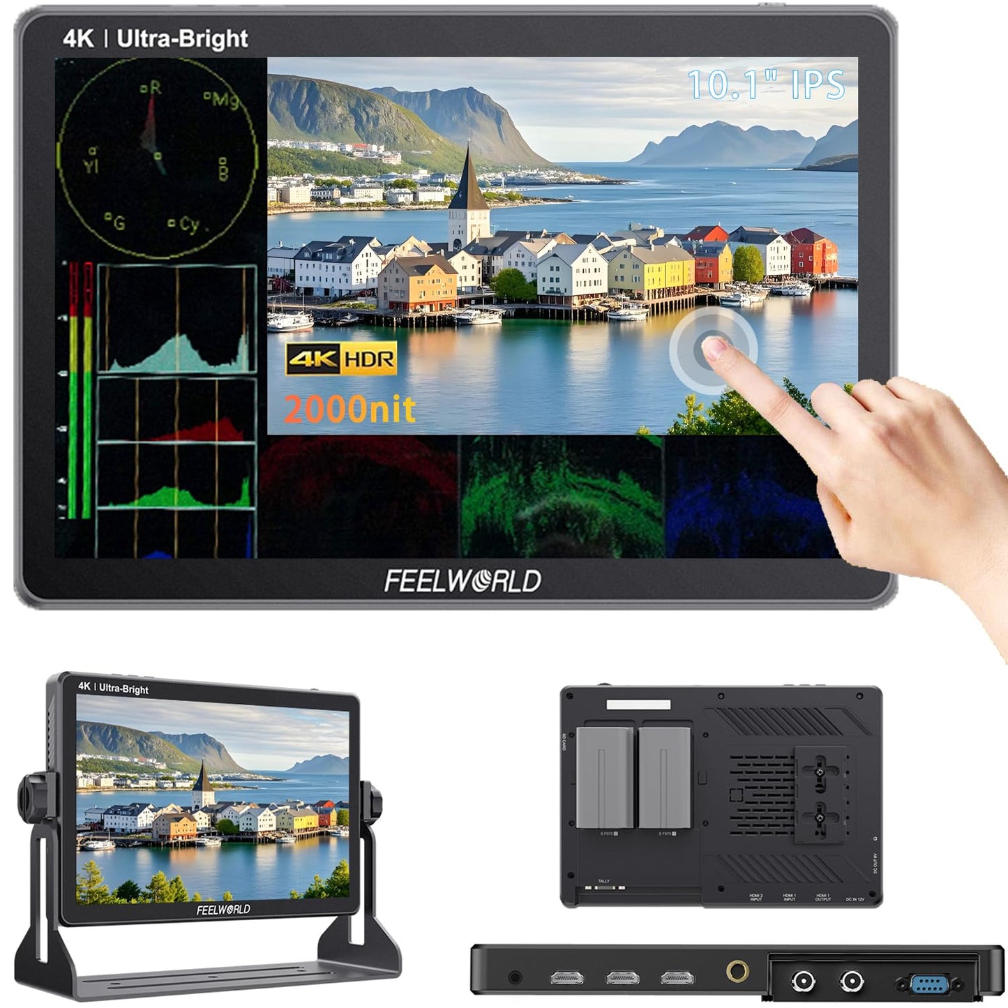 FEELWORLD LUT11S 10.1 Inch Camera Monitor, 2000nit IPS Touch Screen 1920x1200, 4K 60Hz HDMI Camera Field Monitor SDI, Video Assist HDR Waveform Focus Peaking 3D LUT