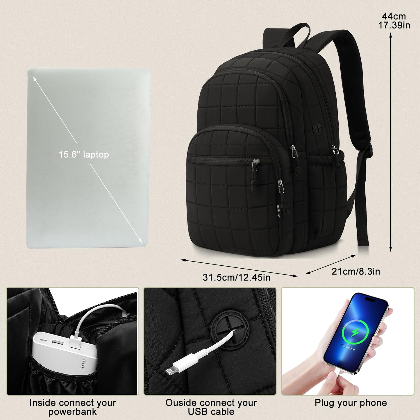 kadilong Laptop Backpack for Women College Travel,Quilted Daypack Bookbag for School Teen Girls Mochilas Mujer,Black