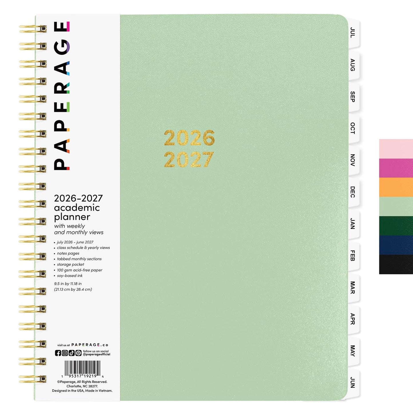 PAPERAGE Academic Planner, Weekly & Monthly Planner & Calendar, 12-Months, July 2026 - June 2027, (9.5" x 11"), School & Student Planning Agenda with Tabs, Bonus Pages & Inner Pocket, Sage Green