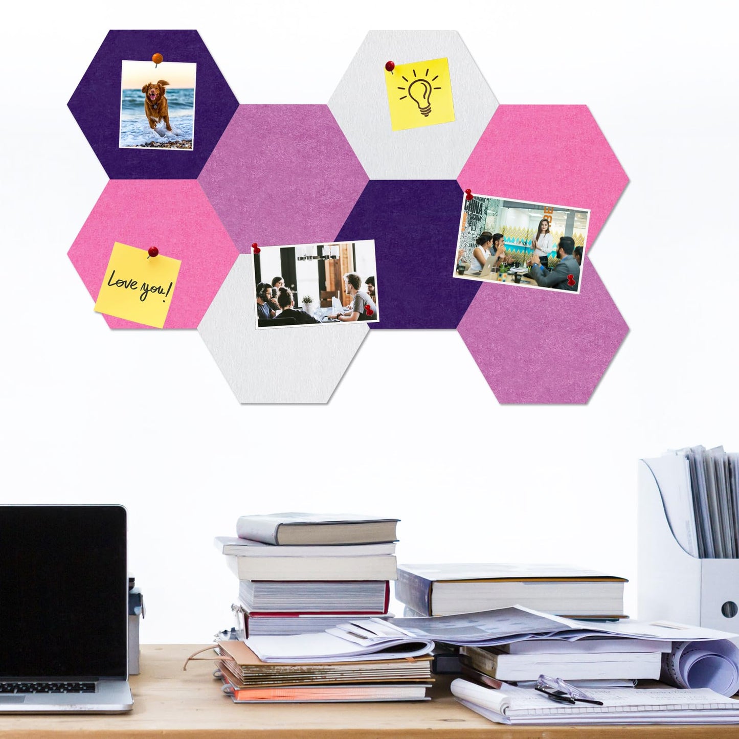 HULAVO Large Hexagon Felt Cork Board Tiles, Self Adhesive DIY Felt Bulletin Board Pin Board with 35 Pushpins for Office School Home Wall Decor(Purple+Light Purple+Pink)