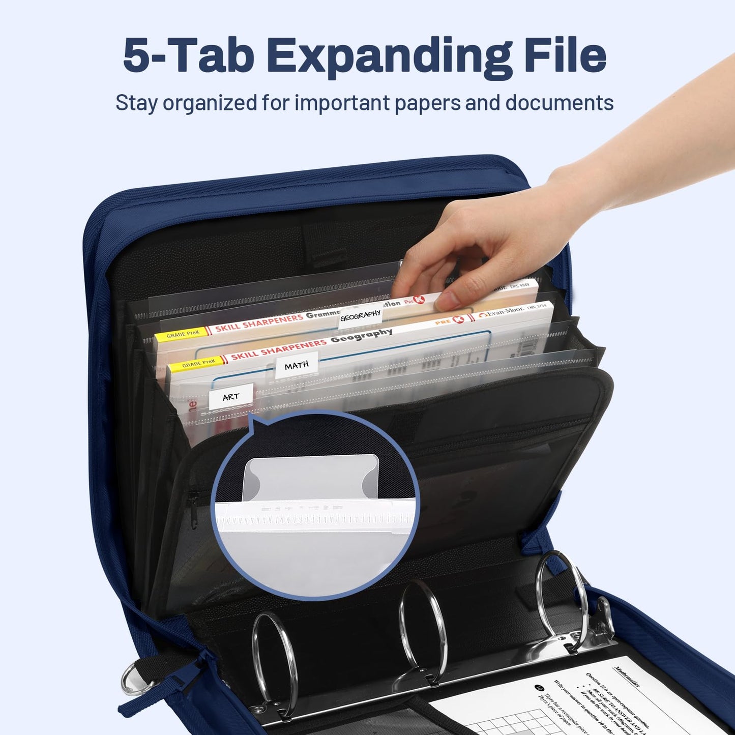 SUNEE Zipper Binder 3 Ring, 3 Inch O-Ring with Handle and Shoulder Strap, 600-Sheet Capacity, 5-Tab Expanding File Folder, Multi-Pockets for Middle School Organizer Binder with Zipper, Navy Blue