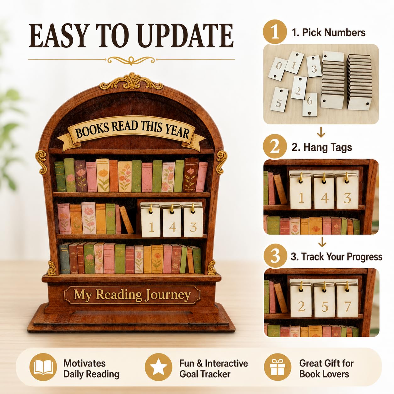 Wooden Reading Tracker, Annual Book Log for Book Lovers, Rustic Bookshelf Design, for Readers