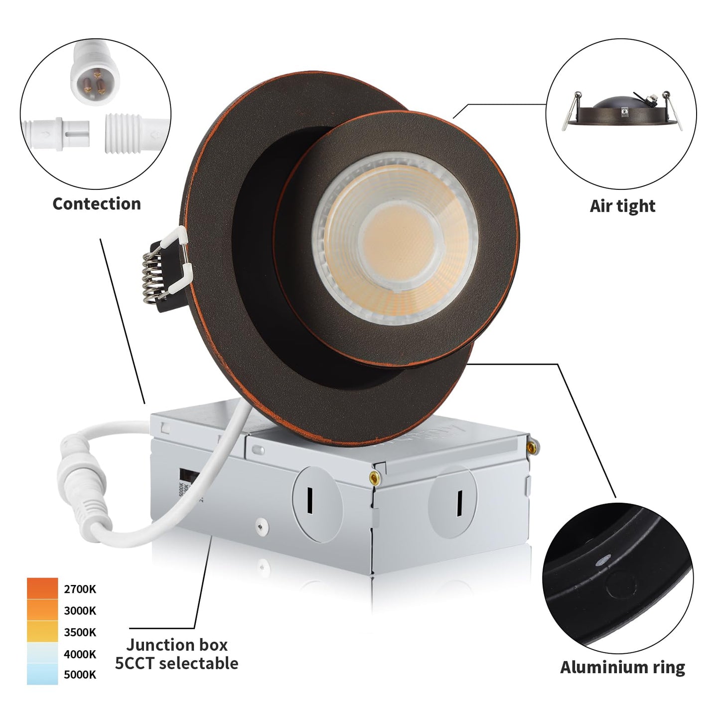 KnLnny Ware Adjustable Eyeball Recessed Light 4 Inch, 9W 750LM, Dimmable, Airtight, Bronze, Model KL2025005Bronze,