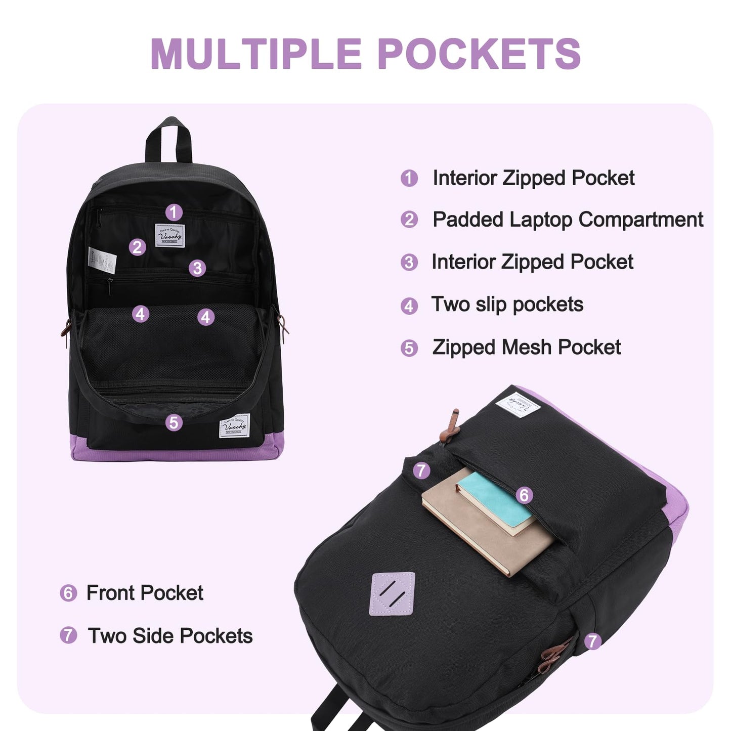 VASCHY Backpack for Teen Girls, Unisex Classic Water Resistant School Backpack Fits 15Inch Laptop (Black Purple)