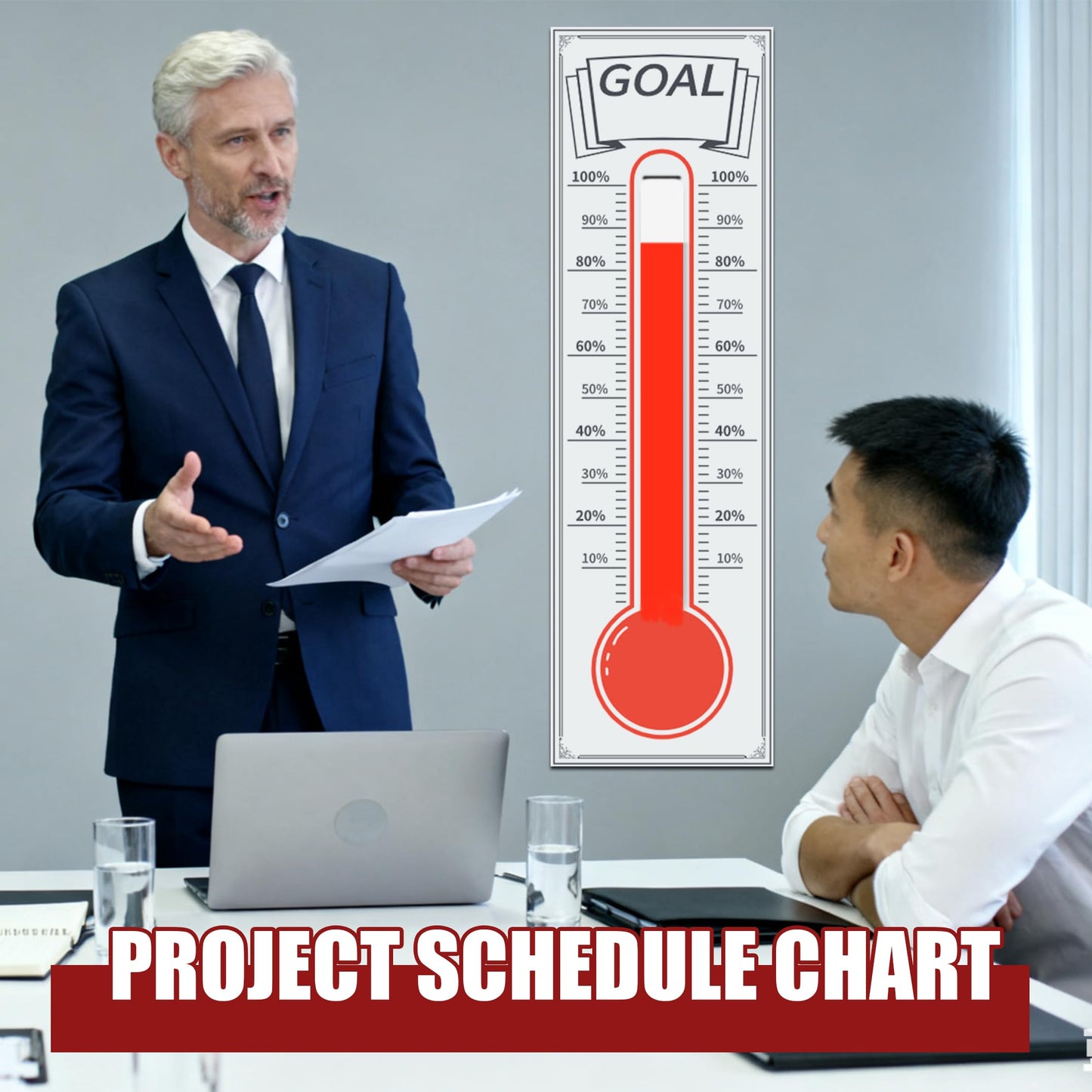 Dry Erase Goal Tracking Thermometer 46"x12" - Corporate Sales Board with Progress Ribbon for Team Motivation