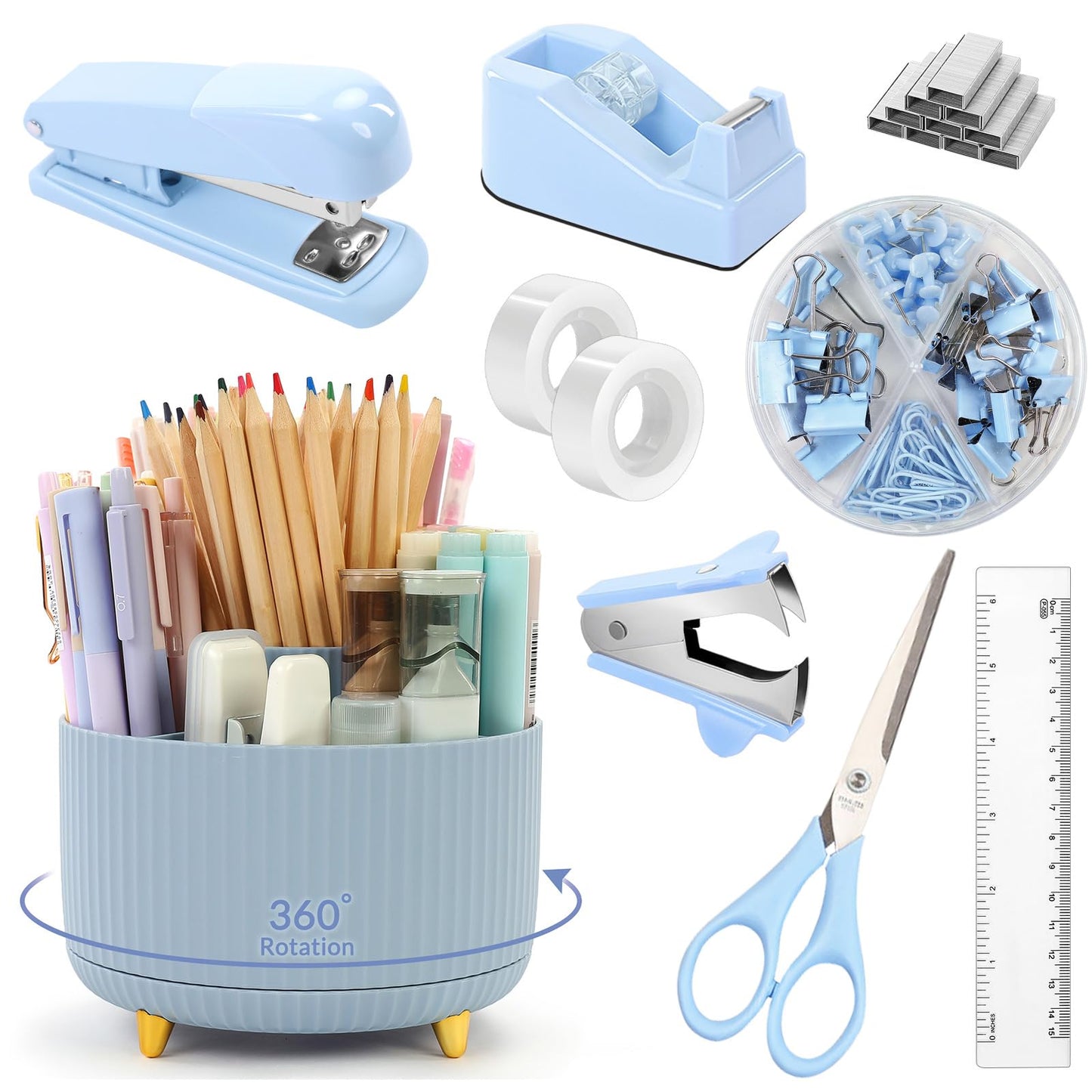 SKYDUE Desk Organizers and Accessories 10Pcs, 360-Degree Rotating Pen Holder, Stapler, Staple Remover, Tape Dispenser,2pcs Tape Refills, Binder Paper Clips Kit, Scissor (Blue)