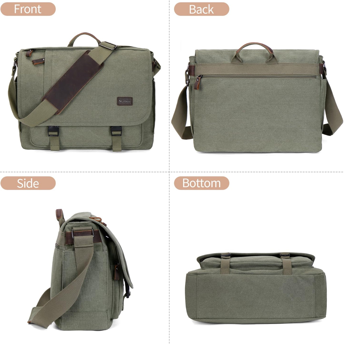 Nerlion Messenger Bag for Men 17-17.3 Inch Laptop Bag Canvas Water-resistant Computer Bag Shoulder Bag Work Briefcase Bookbag for College (Green)