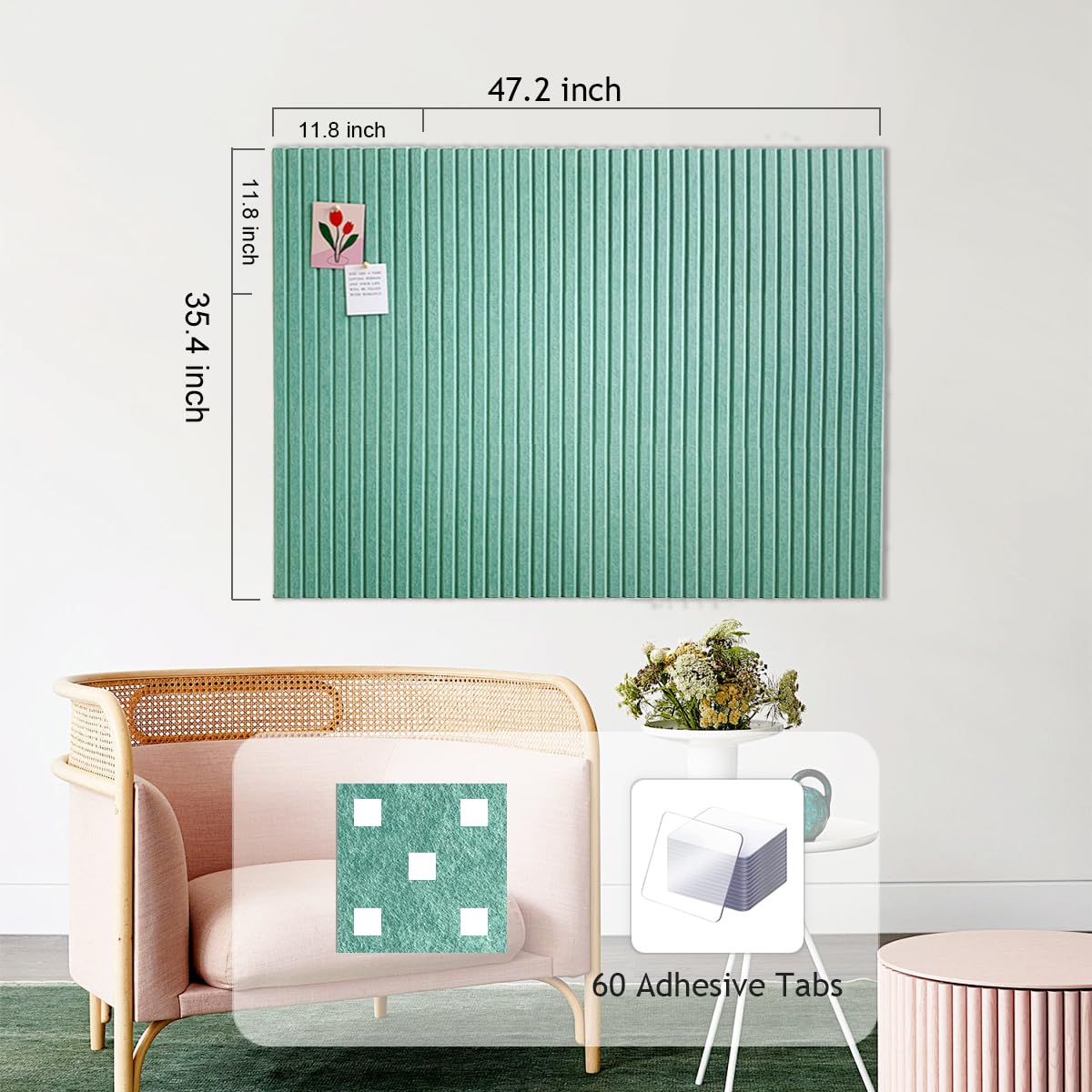 Large Cork Board for Office Decor, 48"x 36" - 1/2” Thick Felt Bulletin Board, 12 Pack Felt Board with Safe Removable Adhesive Tabs, Pin Board Cork Boards for Walls - Jade Green