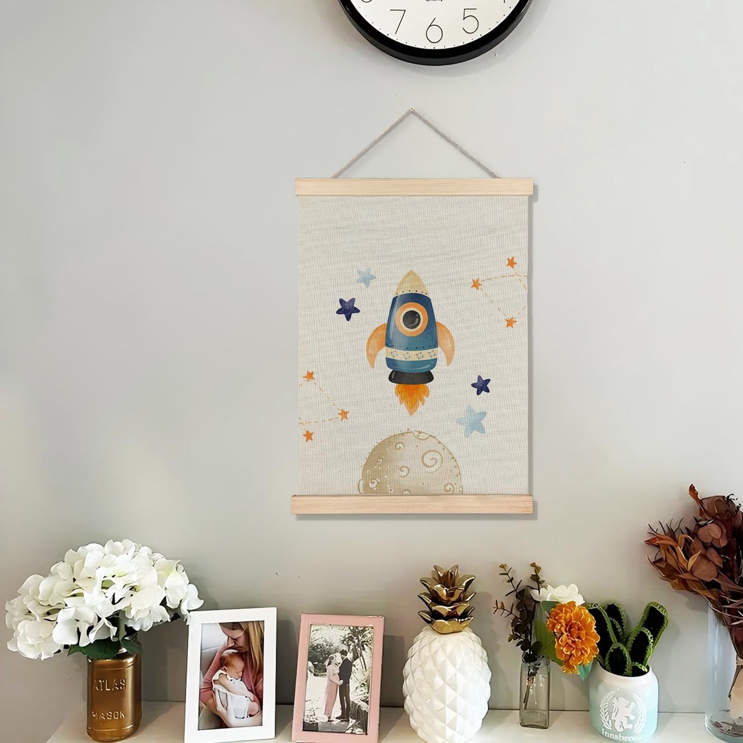 BearCake Boys Space Earth Nursery Wall Decor Art Poster Hanger Frame, Space Canvas Prints Framed Wall Decor for Classroom Toddler Boys Room Nursery Playroom, 12x16 Inch