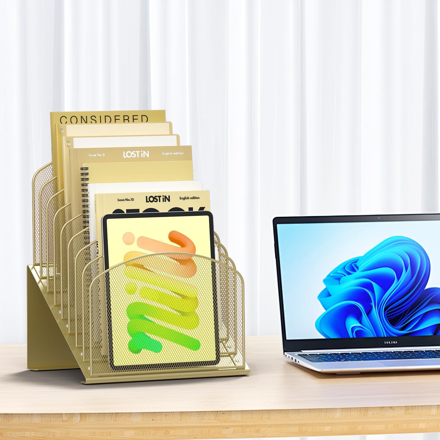 Inclined Desk File Organizer Metal Desk Magazine Folder Holder with 8-Section Vertical Compartments Rack File Organizer for Office, Home, School, Gold