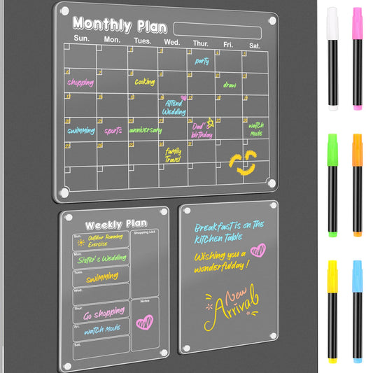 DIYMAG Planning Pads 3Pack Acrylic Magnetic Dry Erase board for Fridge,15"x11" Set Magnetics Weekly Monthly Wall Planners Board for Refrigerator with 6 Colors Markers