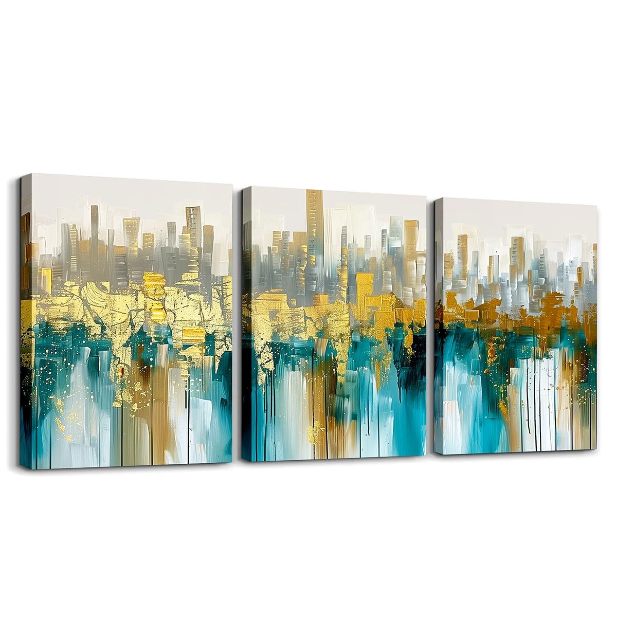 Teal Abstract Canvas Wall Art Set of 3 for Bedroom Living Room, Modern Golden Textured Paintings Wall Decor Turquoise Ombre Artwork Wall Art Blue Green Marble Print Poster Prints