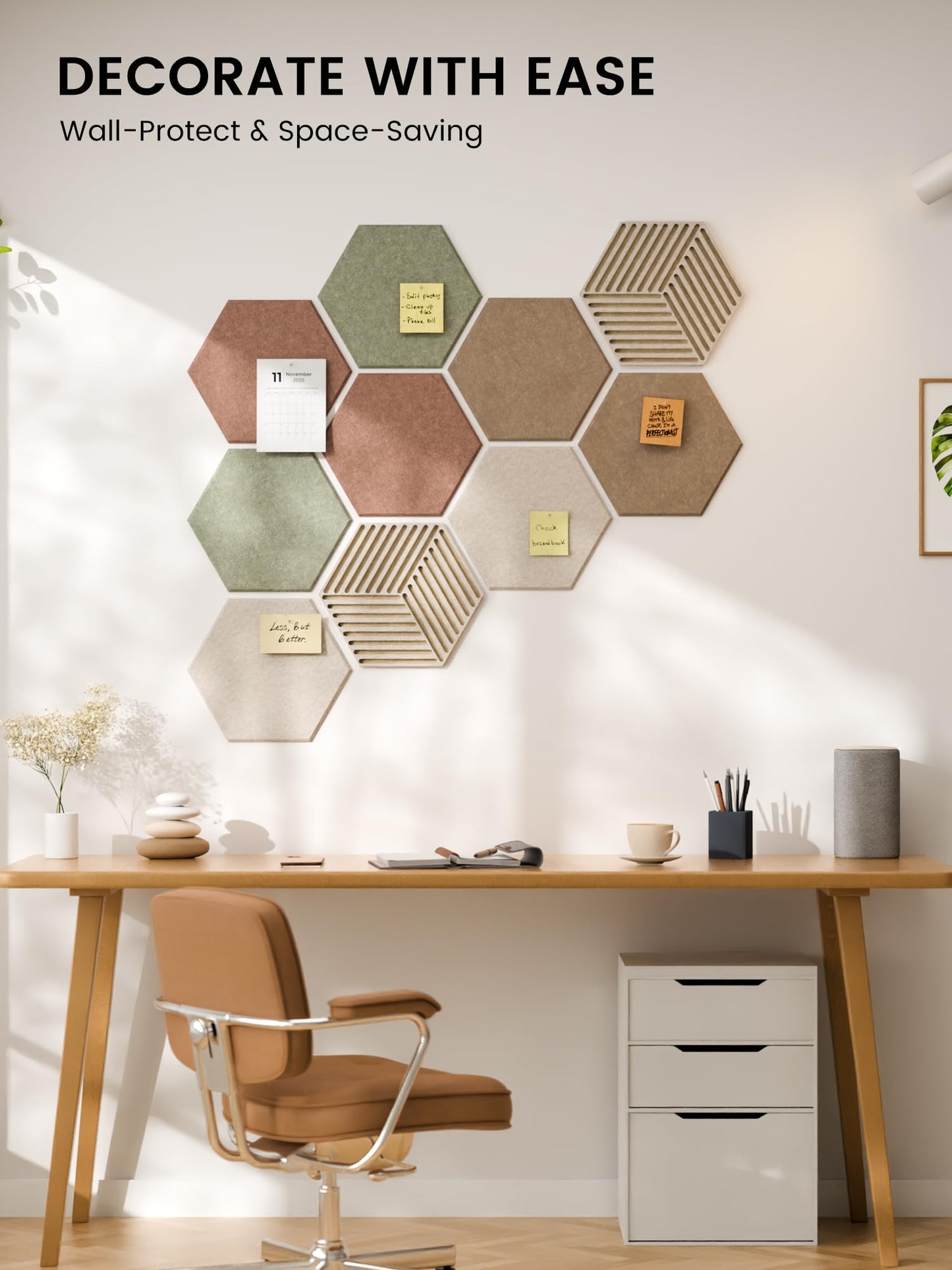 Fluxynara Hexagon Cork Board Alternative for Walls Decor-10-Pack Felt Bulletin Board Tiles,with 30 Pushpins,50 Adhesive Tabs for Office,Classrooms & Home Pin Board Felt Board-Boho