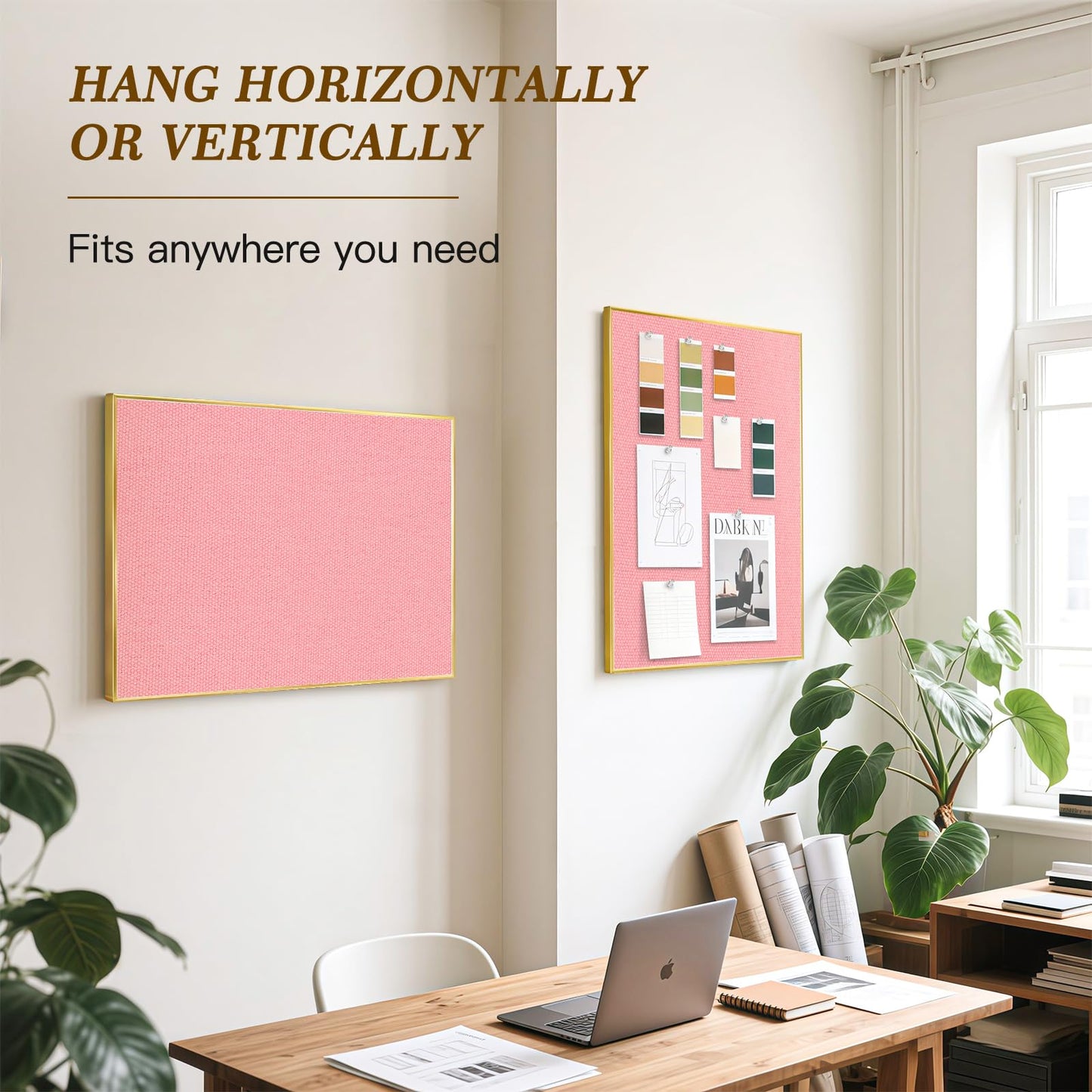 QUEENLINK Linen Bulletin Board 24" x 18", Fabric Pin Board with Gold Aluminum Frame, Decorative Vision Board for Home Office, Bedroom & Dorm Wall Decor, Includes 10 Push Pins, Pink