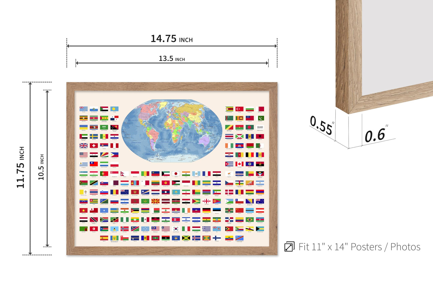Poster Master Flags of the World Poster - World Print - Learning Materials Art - Educational Art - Gift for Kids, Students & Teacher - Wall Decor for Classroom or Library, 11x14 Beige Framed