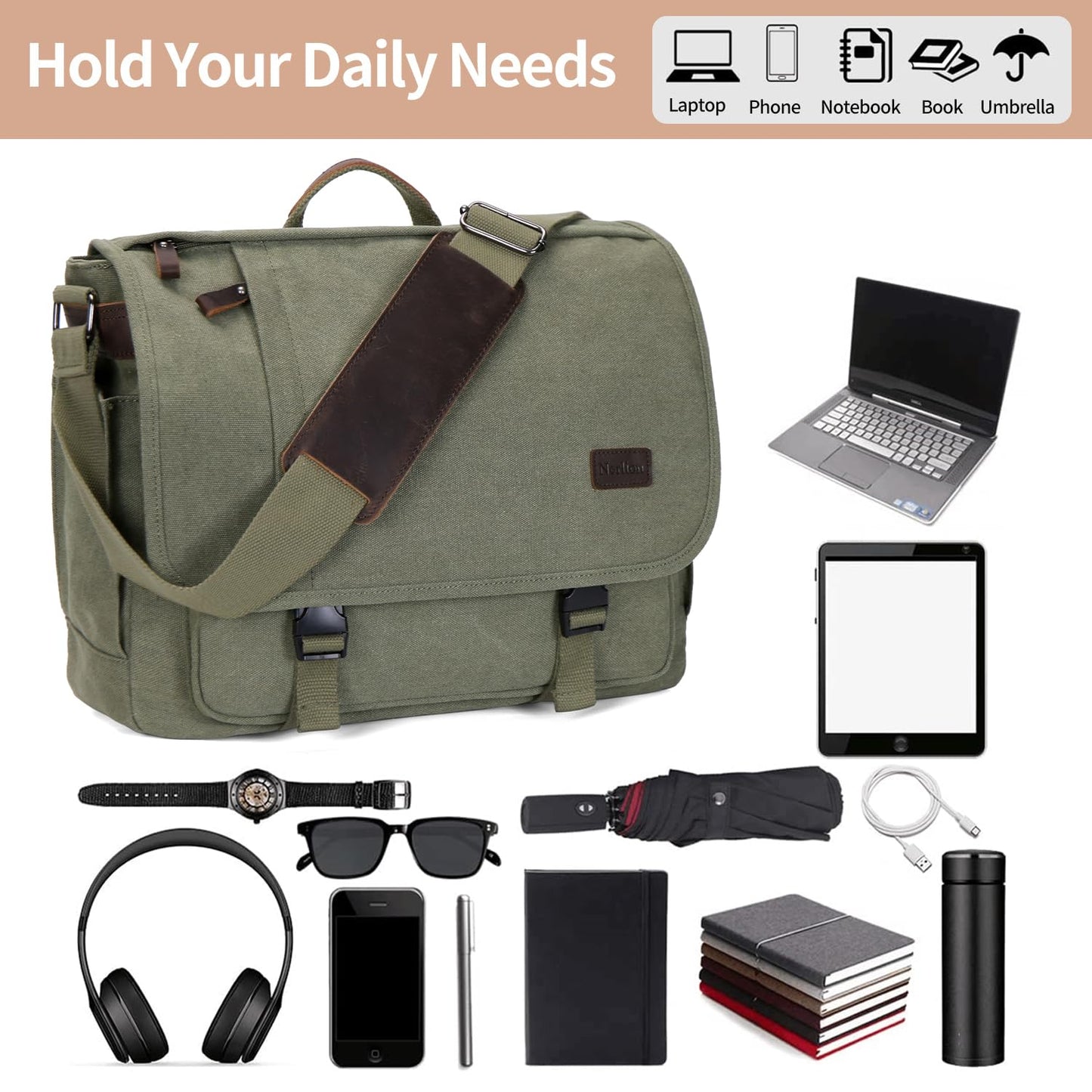 Nerlion Messenger Bag for Men 17-17.3 Inch Laptop Bag Canvas Water-resistant Computer Bag Shoulder Bag Work Briefcase Bookbag for College (Green)