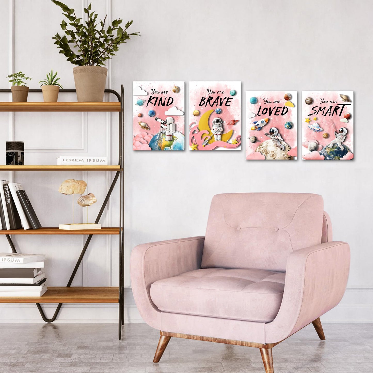 LoveHouse Space Wall Art Astronaut Kids Room Wall Decor Inspirational Quotes Canvas Prints Cosmic Painting for Nursery Classroom (Pink)