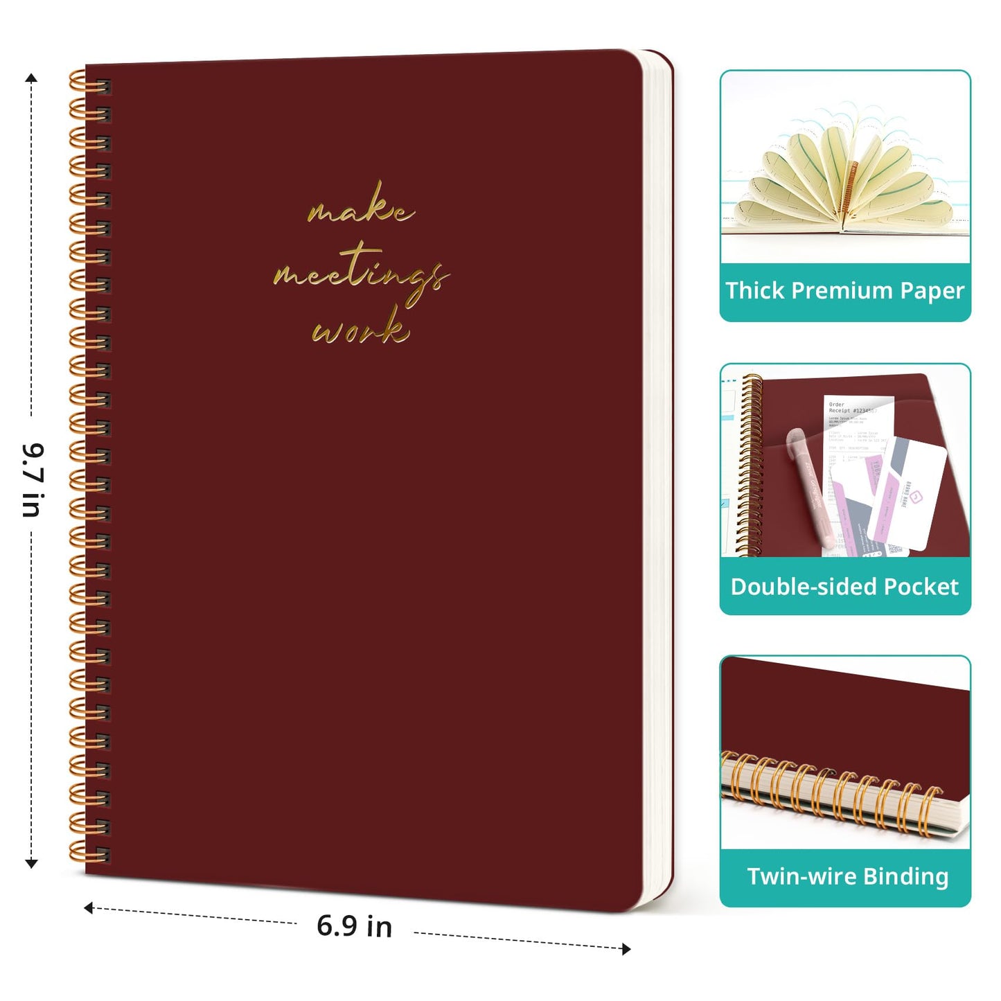 Meeting Notebook for Work Organization - Work notebook with action items, Meeting Minutes Planner Notebook, Perfect Office Supplies for Men & Women - Burgundy