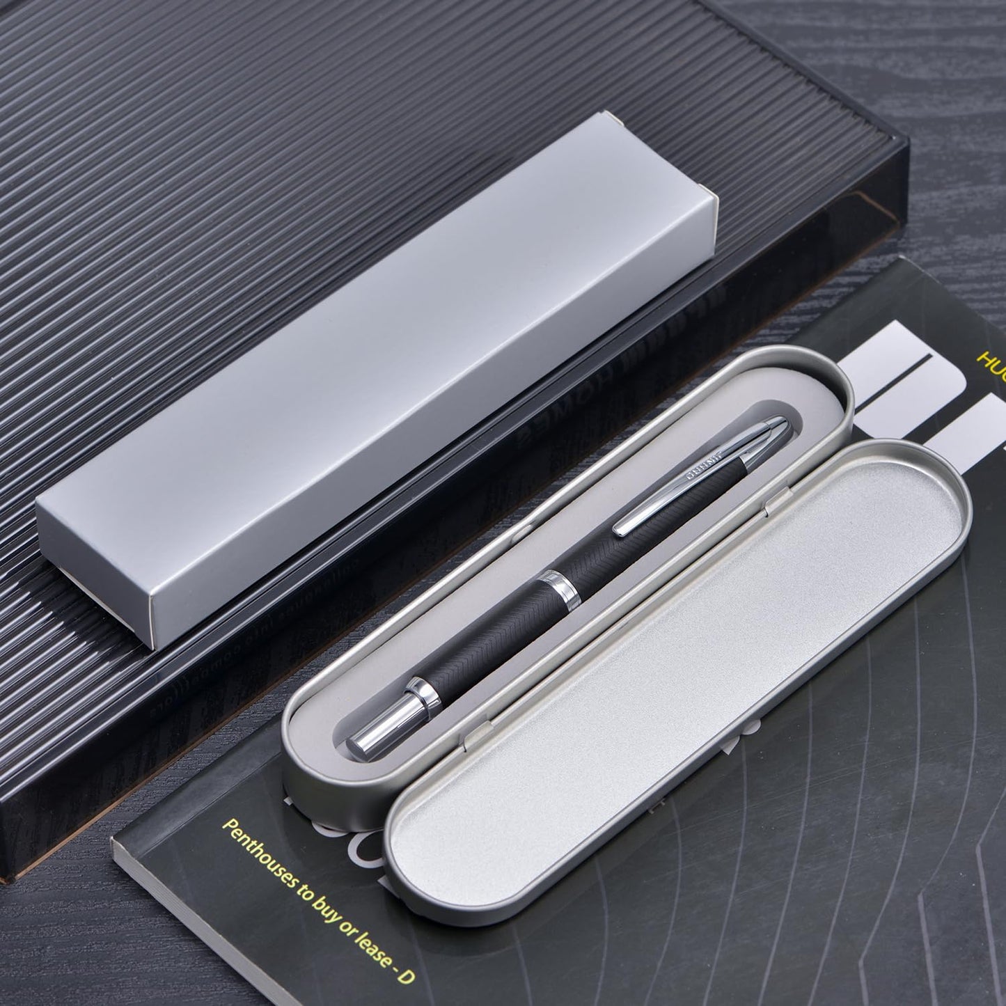 Jinhao 10 Press Fountain Pen with Box, Wavy Matt Black Chromium Retractable Extra Fine Nib with Ink Converter Set (Silver Clip)