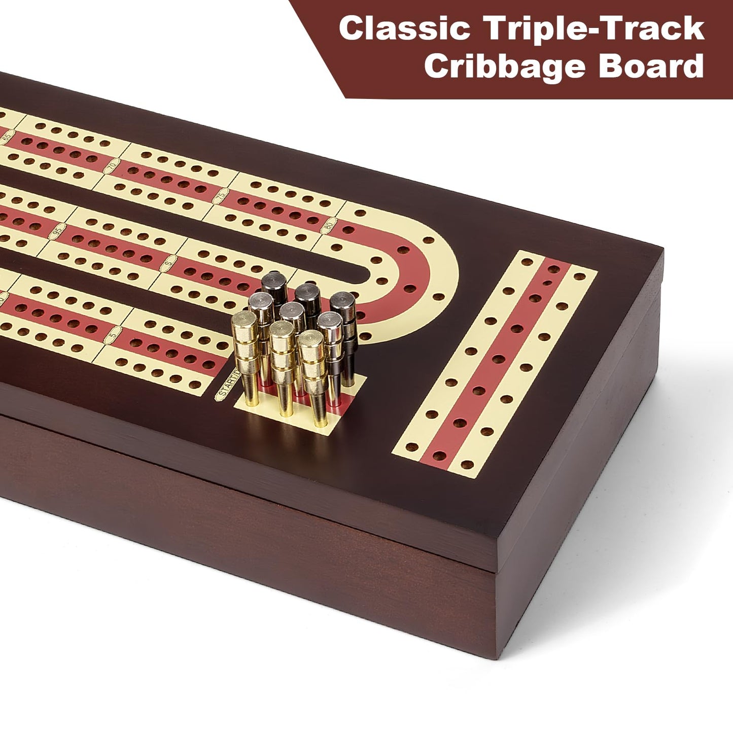 ESENHARBER Cribbage Board Game Set, Premium Wooden Board with Magnetic Lock and Metal Pegs, 2 Playing Cards, and Large Storage - Travel-Friendly Continuous 3 Track Board