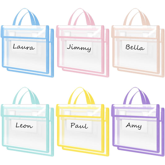 Teling 6 Pack 14 x 11 Inch Clear Book Pouches with Handles and Name Tags, Heavy Duty Reusable Library Book Bags for Classroom, Students Kids and Teacher Supplies (Pastel Color)