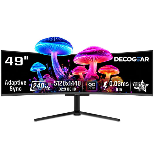 Deco Gear 49" QD-OLED 240Hz Curved Ultrawide Gaming Monitor - 5120×1440 DQHD, 32:9 Dual-QHD Display, 0.03 ms Response, HDR400 True Black, 90W USB-C, KVM, Adaptive Sync, RGB Lighting
