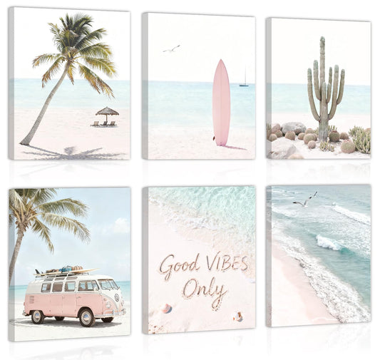 CHDITB Beach Framed Canvas Wall Art, Coastal Palm Tree Artwork, Tropical Ocean Wall Decor, Boho Surfboard Poster, Pink Aesthetic Summer wave Art Prints For Living Room Seaside Cottage Decor 8”X10”x6