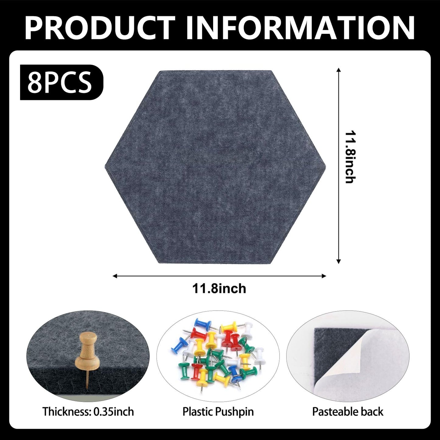 8 Packs Dark Grey Hexagon Felt Pin Board, 12" Bulletin Board with 30 Push Pins, Felt Board for Home Kitchen Office Decor, Self-Adhesive Corkboard Tiles for Walls Message Photos Memos Display