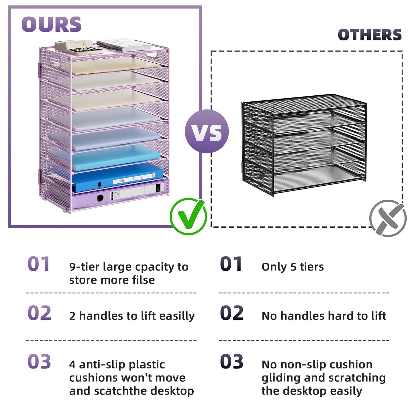 Marbrasse Paper Organizer Letter Tray, 9 Tier Mesh File Organizer with Handle, Paper Sorter Desk Organizer for Home Office Supplies - Purple