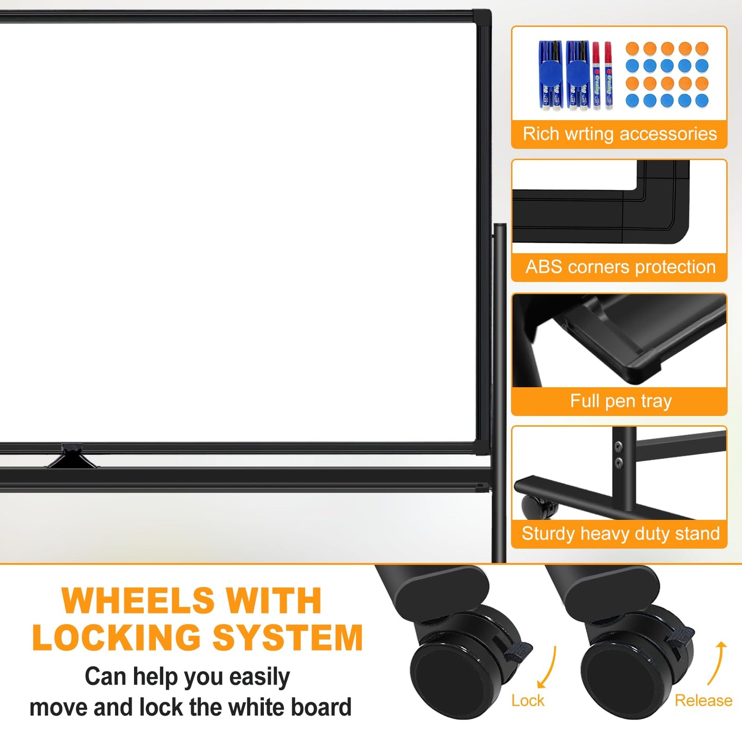 Rolling Whiteboard on Wheels 72"x48", Double-Sided Dry Erase Board with Stand, Big White Board with Stand Portable Magnetic Mobile White Board with 2 Eraser, 6 Markers, 20 Magnets
