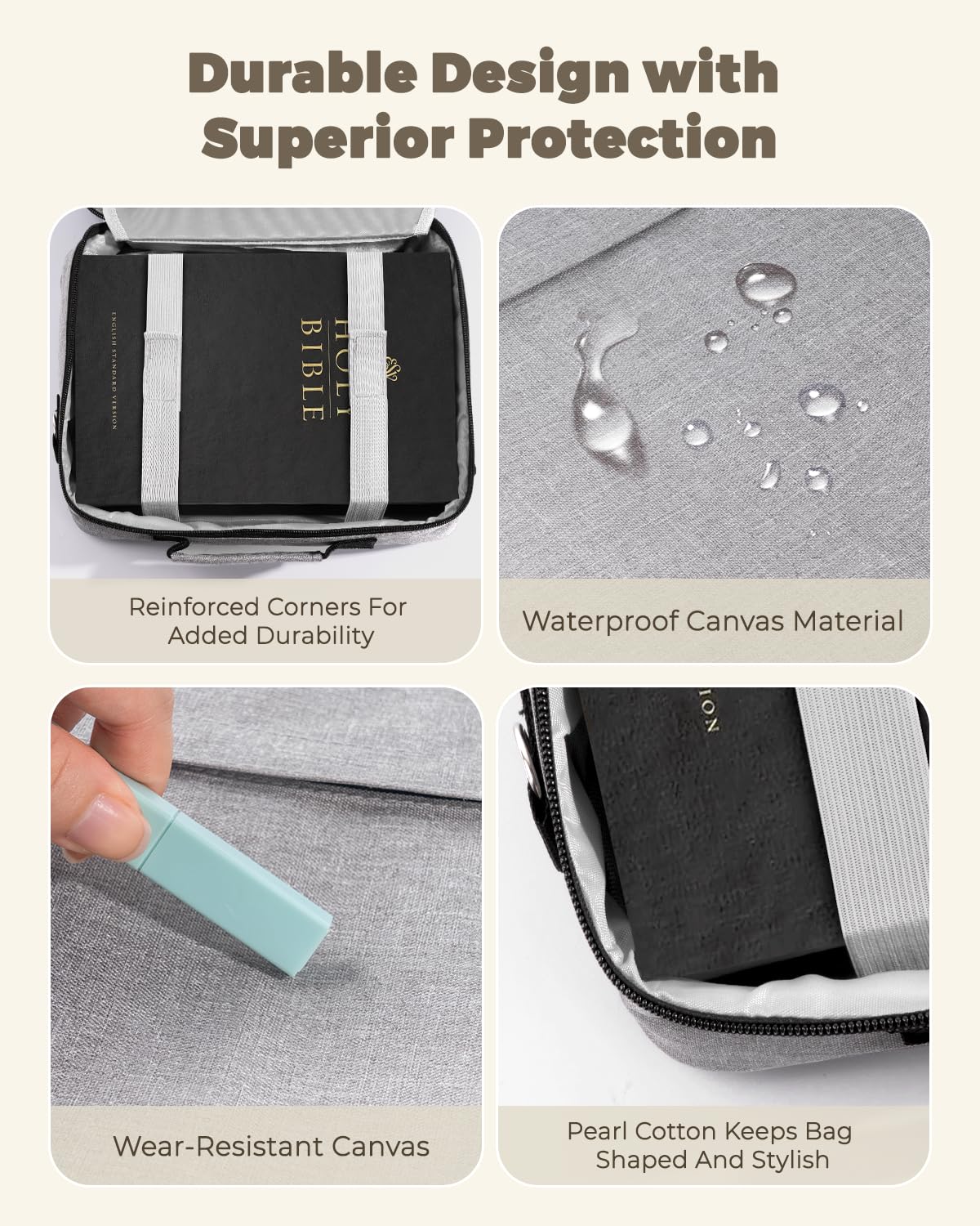 WEMATE Large Capacity Bible Cover Case, Waterproof Study Supplies Tote Bag with Double-Layer Handle & Shoulder Strap, Bag for Women and Christian (Grey)