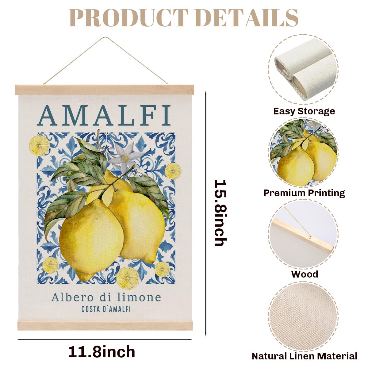 Italian Amalfi Coast Lemon Wall Art Poster Hanger, Blue Mediterranean Tiles Lemons Tree Italian Wall Art With Wooden Poster Hanger for Home Kitchen Living Room Dining Room Decor 15.8x11.8 Inch