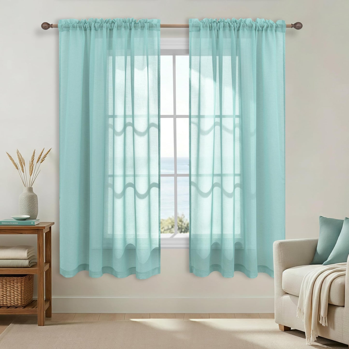 KOUFALL Aqua Curtains 63 Inch Length 2 Panels for Bedroom Matching Wall Bedding Semi Sheer Opaque Window Curtains for Bedroom,Seafaom/Retro Mint Green