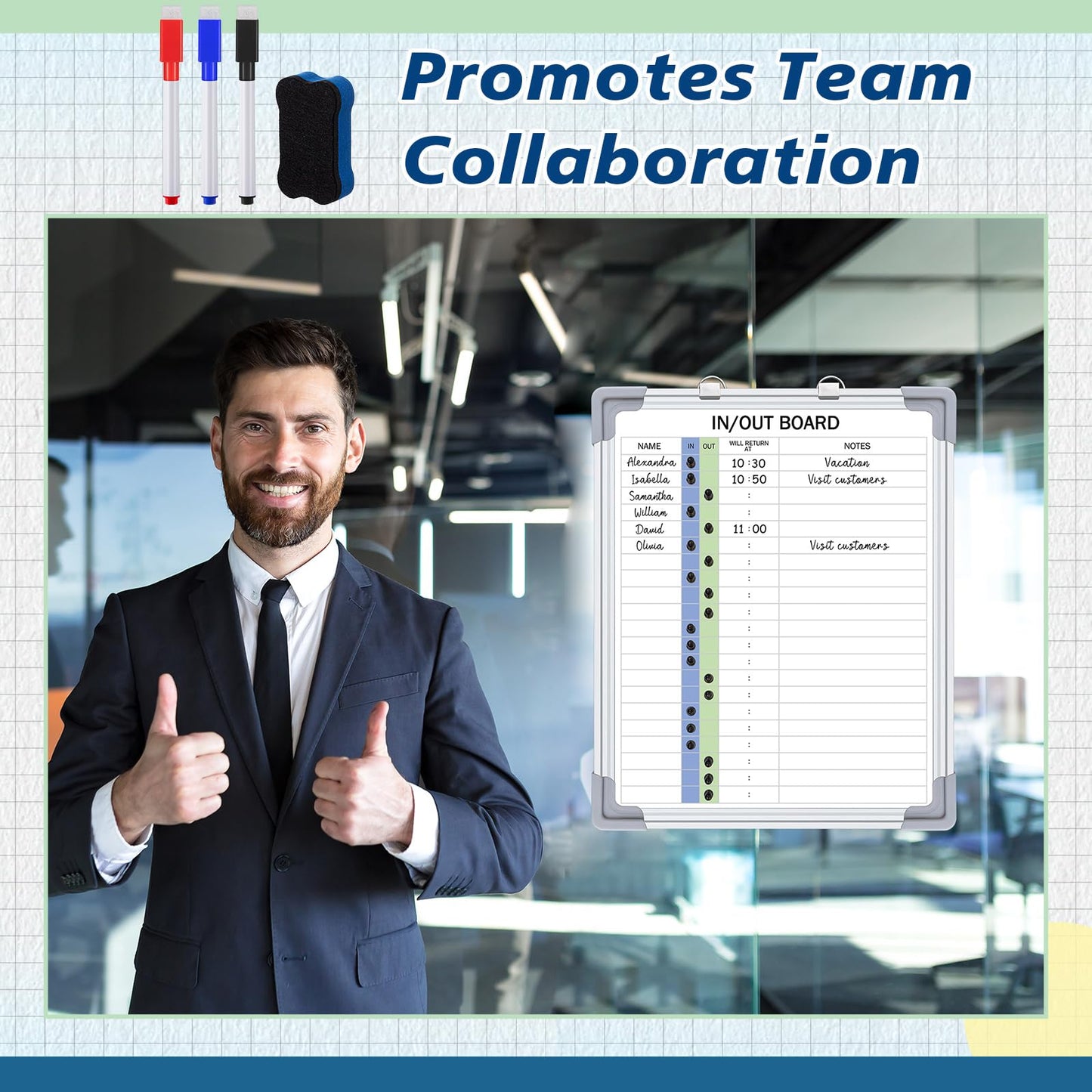 Lincia in and Out Magnetic Dry-Erase Board 16" x 12" Aluminum Framed White Board with Lines 21 Names with Magnetic Dry-Erase Marker, Eraser, and 20 Magnets Wall-Mounted for Office Employee