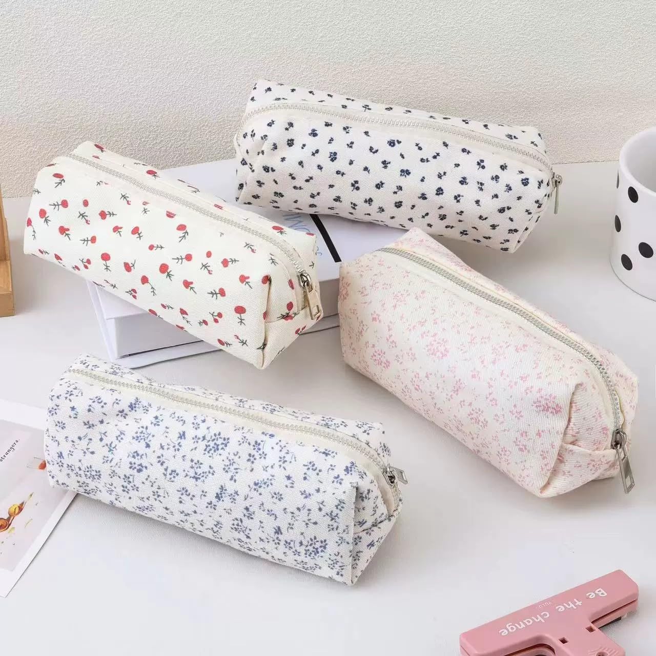 OZAOZ Cute Pencil Case Aesthetic Student Pencil Pouch Coin Pen Pouch Cosmetic Bag Office Stationery Organizer For Kids Teen School (Z-Pink flower)