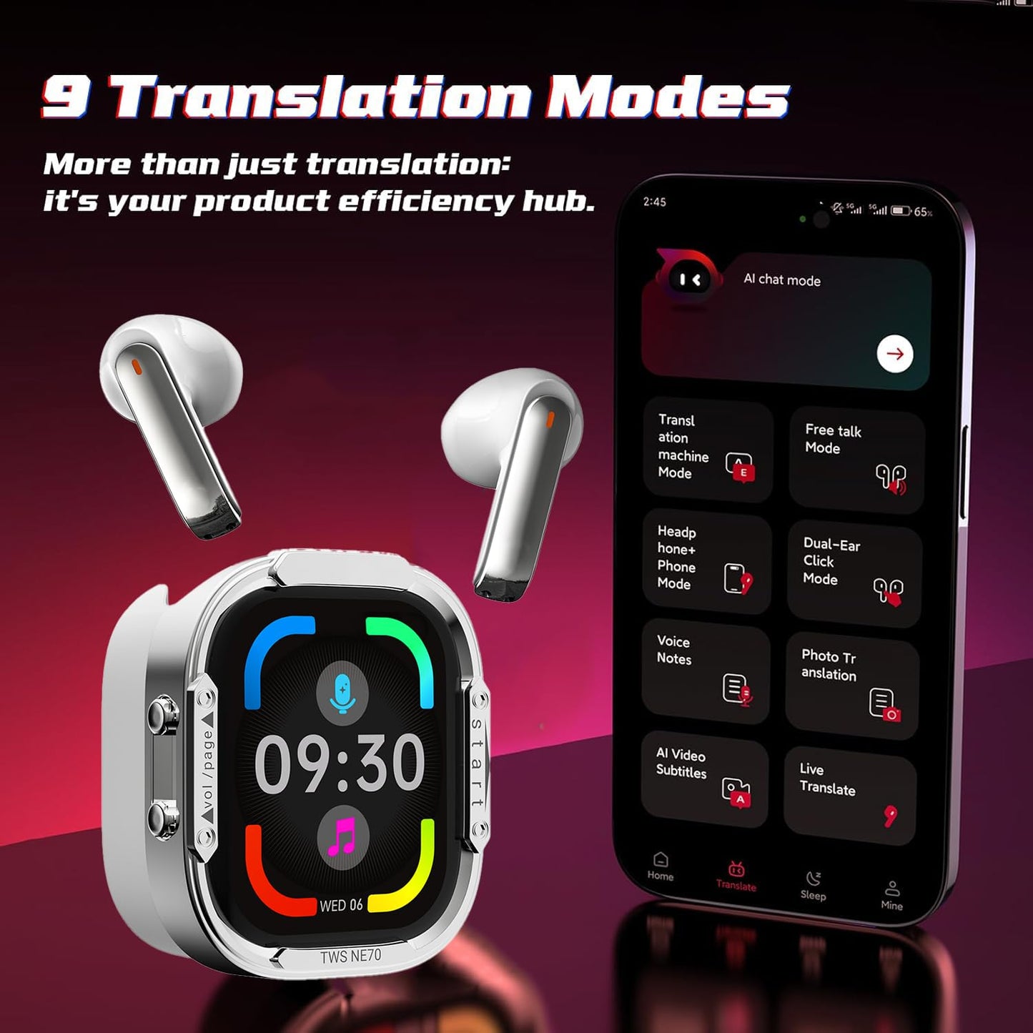 NE70 Earbuds, AI Translation Earbuds Real Time Support 165 Languages, Language Translator Headphones with LCD Touch Screen & Anti-loss, No Subscription, 7 Translation Modes for Travel Business- White