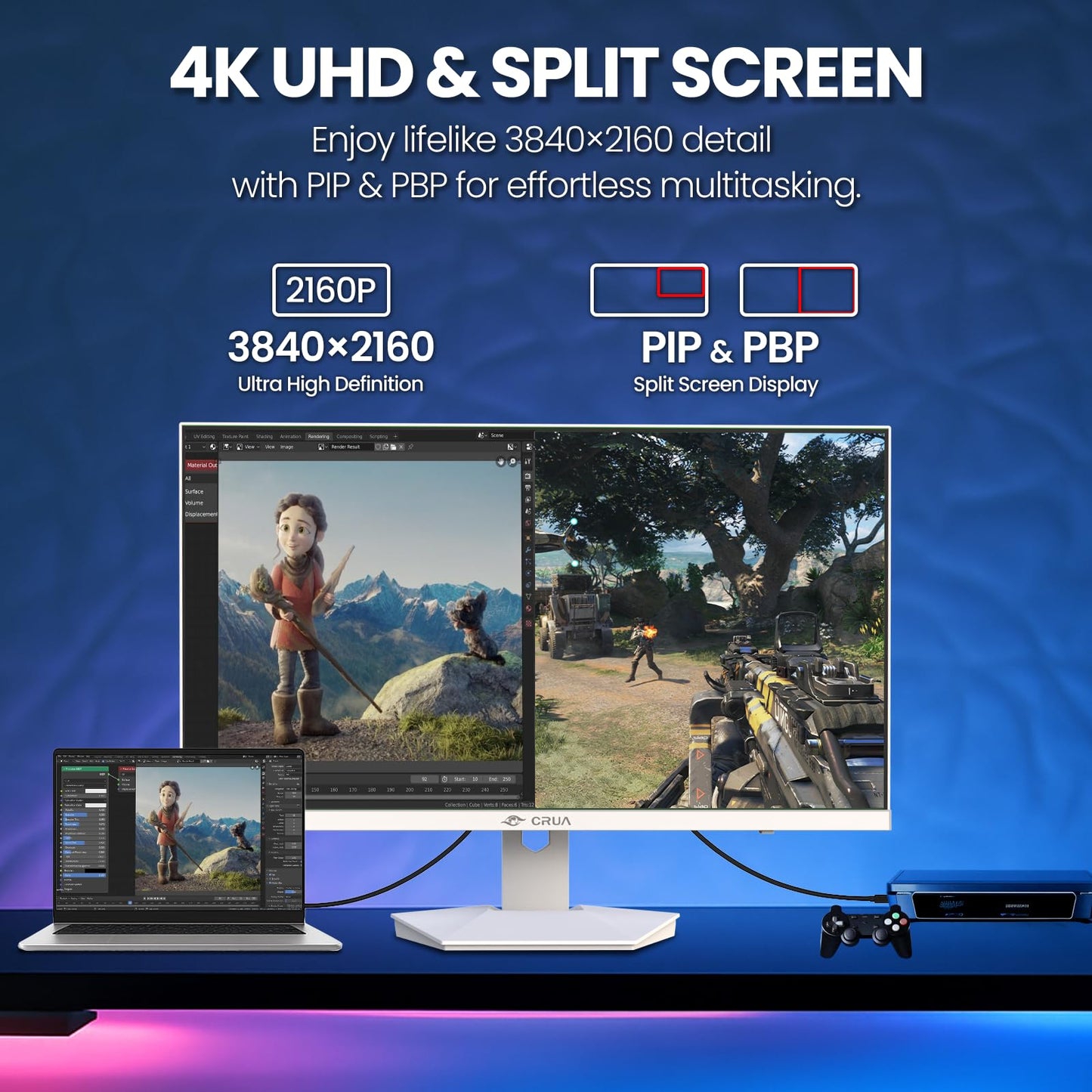 CRUA 27'' 4K Gaming Monitor, UHD 160Hz / FHD 320Hz Dual Mode IPS White Computer Monitors, Rotating/Pivot & Height-Adjustable, AMD FreeSync, Built-in Speakers, PIP/PBP, HDMI 2.1 & DP 1.4