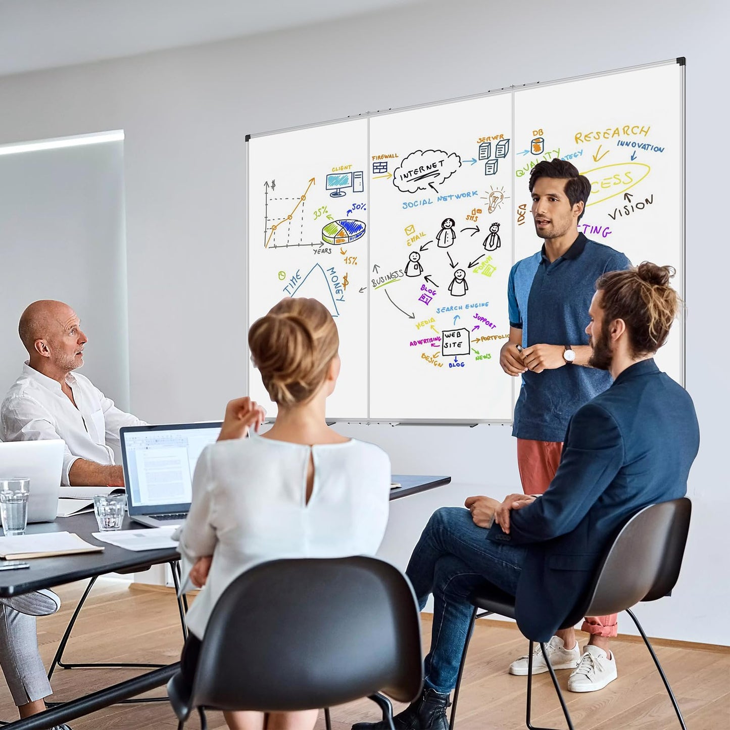 XBoard Extra Large Magnetic Whiteboard 96 x 48 Inch, Giant Foldable Dry Erase White Board with Aluminium Frame & Marker Tray 8' x 4' | Wall Mounted Tri Folding Message Presentation Board