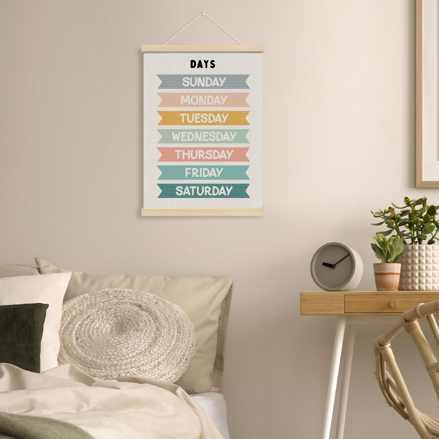 MOTERMATE Days of The Week Wall Art Poster for Kids, Boho Toddler Room Decor, Learning Educational Canvas Poster Hanger Frame for Toddlers Classroom, Kids Playroom Wall Hanging Banner Decor, 12x16Inch