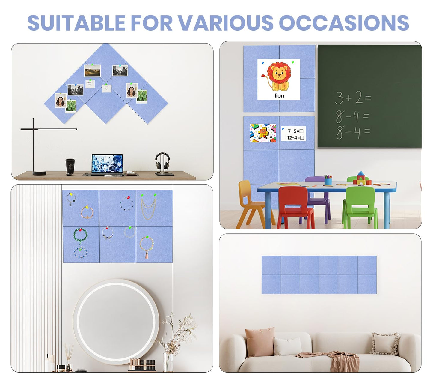 Large Cork Board Alternative 36" X 24" Bulletin Board - 6 Pack Removable Felt Wall Tiles with 20 pushpins, Large Cork Boards for Walls Cork Board for Office Pin Board Tack Board - Soft Periwinkle