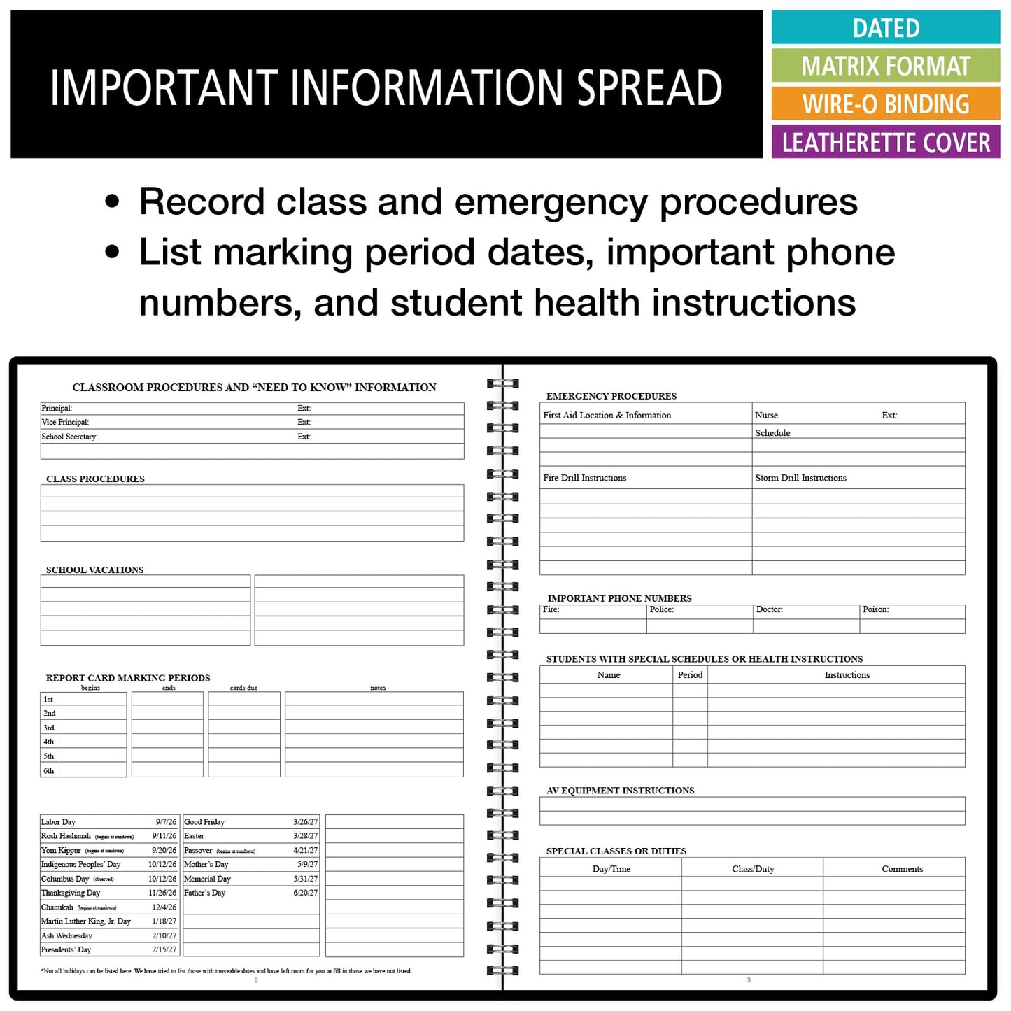 Elan Publishing Company Dated Teacher Lesson Plan 6 Period: Days Vertically Down The Side Dated for 2026-2027 Academic Year (Black)