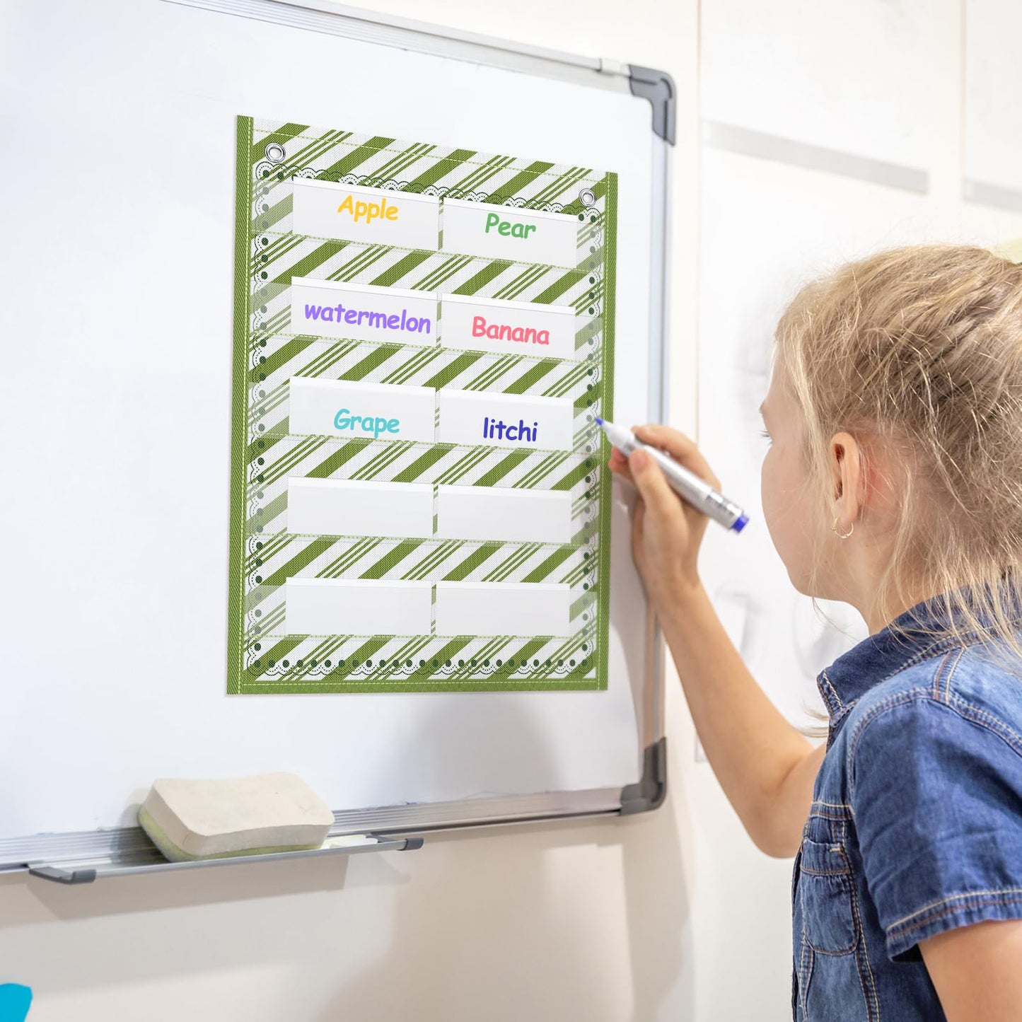 Gueevin 6 Set Magnetic Pocket Chart with 5 Clear Pockets and 30 Dry Erase Cards Painted Classroom Schedule Pocket Chart for Whiteboard Class Demonstrations(Neutral Color,Mixed Pattern)