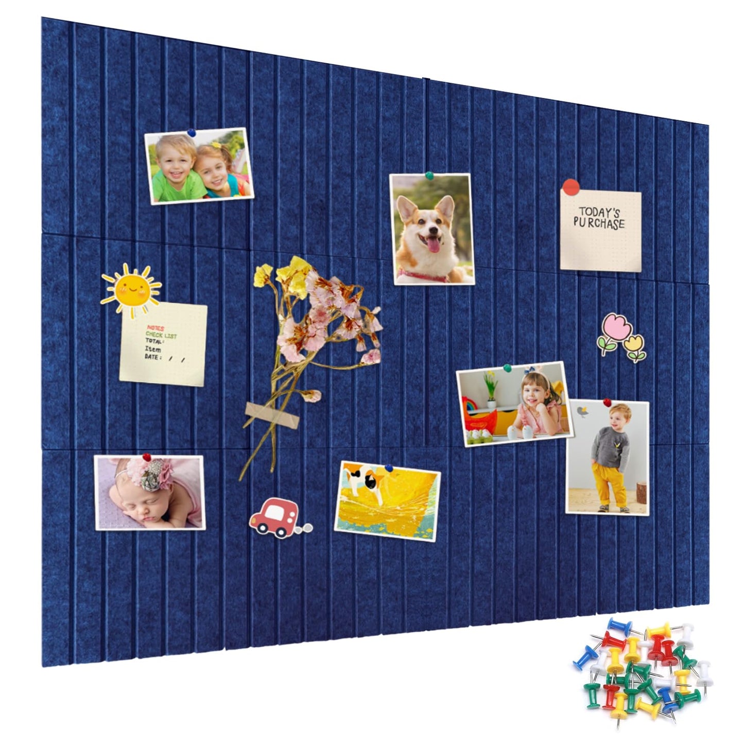 15 Pack Felt Bulletin Board, 35" x 59" Large Royal Blue Pinboard with 30 Push Pins, Felt Pin Board, Self-Adhesive Cork Board Tiles for Home, Office Walls, School Classroom Message Photos Display