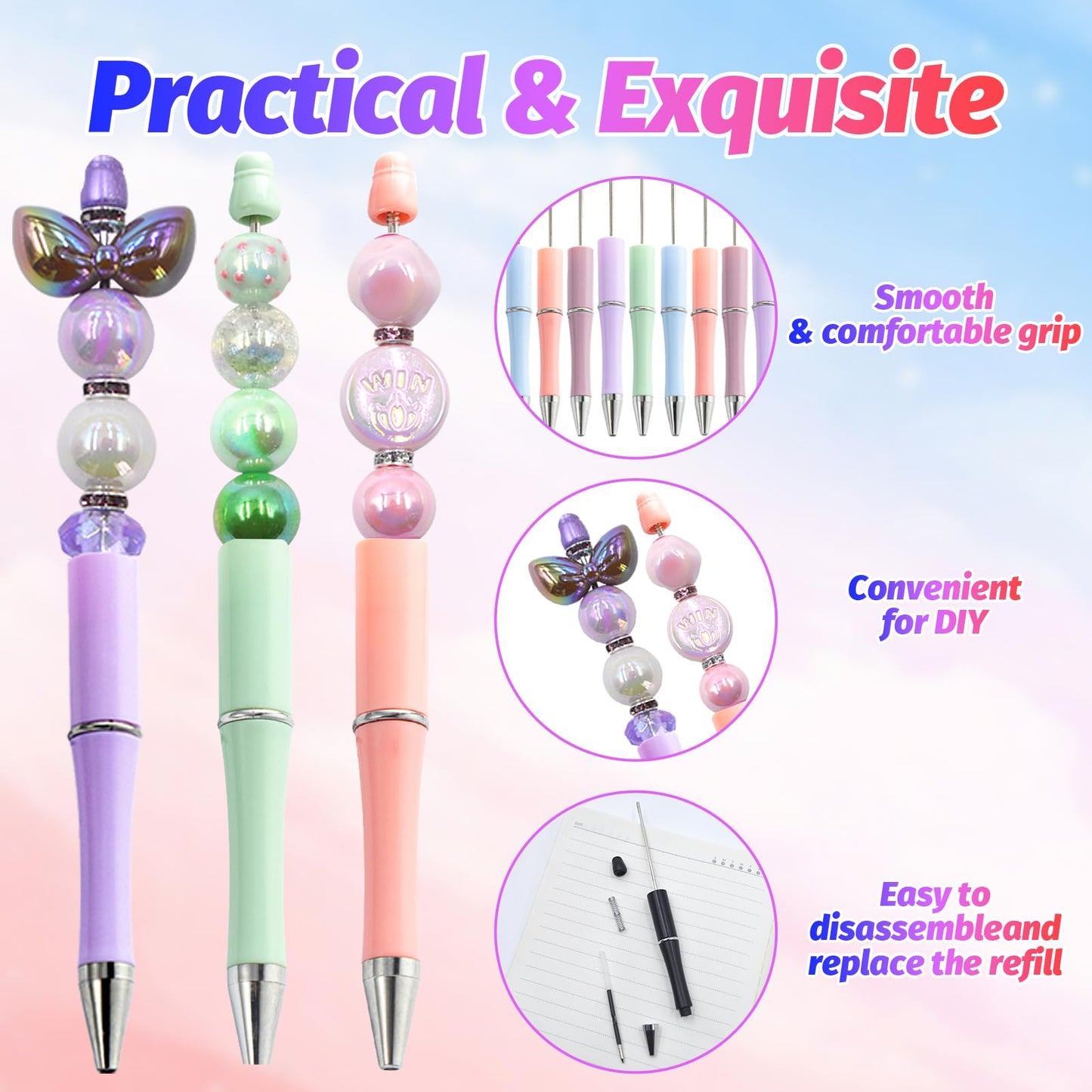 DASTTUIS 150 Pieces DIY Beadable Pen Kit – 50 Plastic Ballpoint Pens with Refills & Bags – School Supplies, Office Accessories & Decorative Items for Students & Teachers (Pastel)