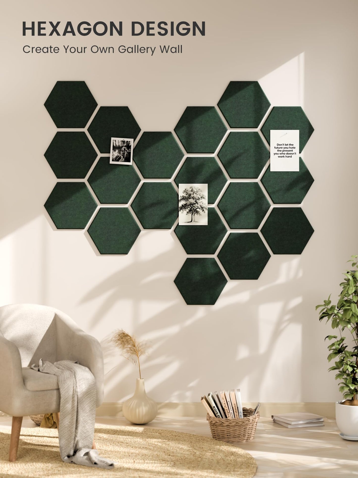 Fluxynara Hexagon Cork Board Alternative for Walls Decor-8-Pack Felt Bulletin Board Tiles,with 30 Pushpins,50 Adhesive Tabs for Office,Classrooms & Home Pin Board Felt Board-Pine Green