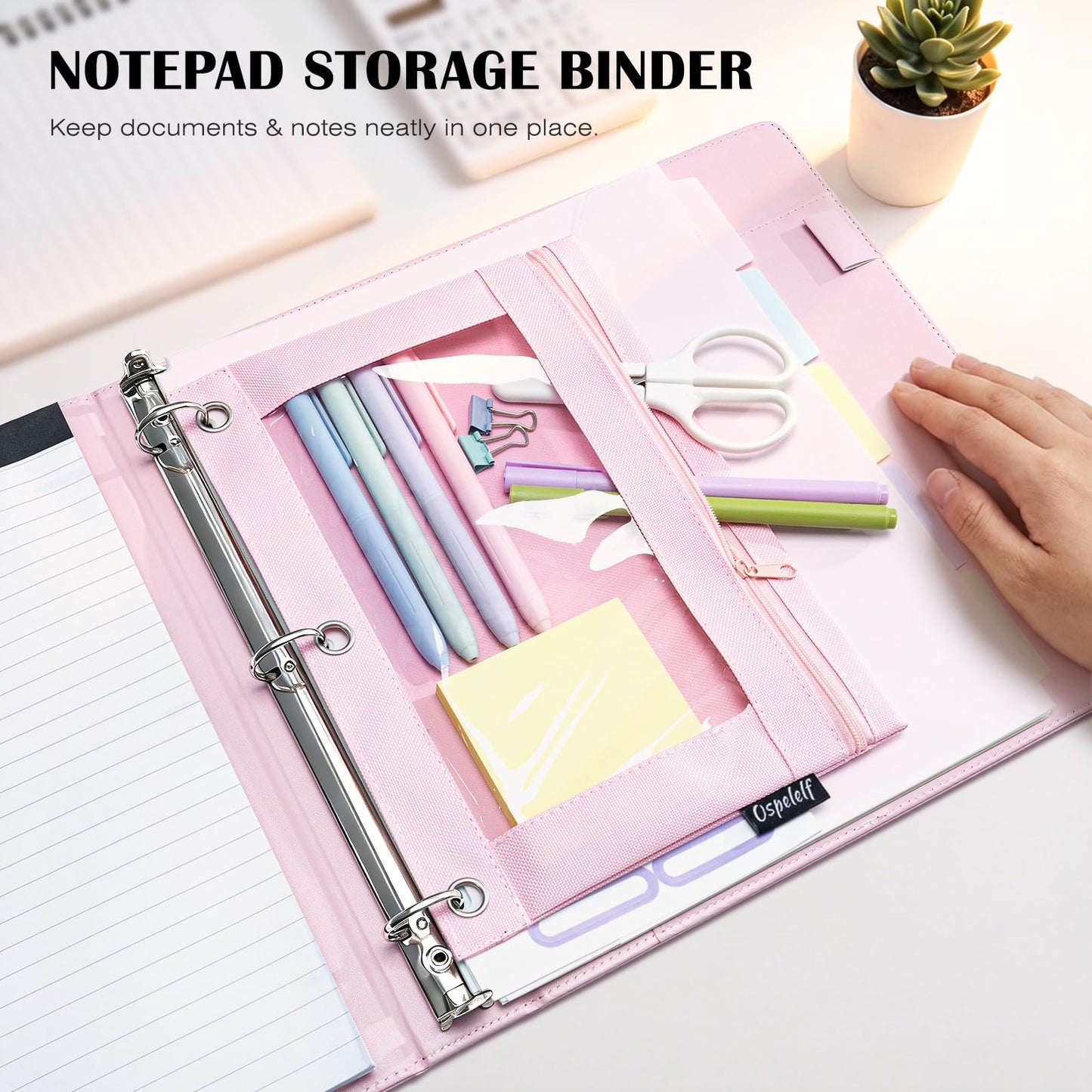 Ospelelf Leather 3 Ring Binder for Letter Size Documents with PVC Pocketed Dividers, 1 Inch Round Rings, Holds 175 Sheets, Binders with Storage Bag & Notepad, for Office School Home Organization, pink